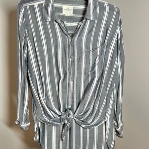 American Eagle Oversized Striped Button-Up Shirt with Tie Front